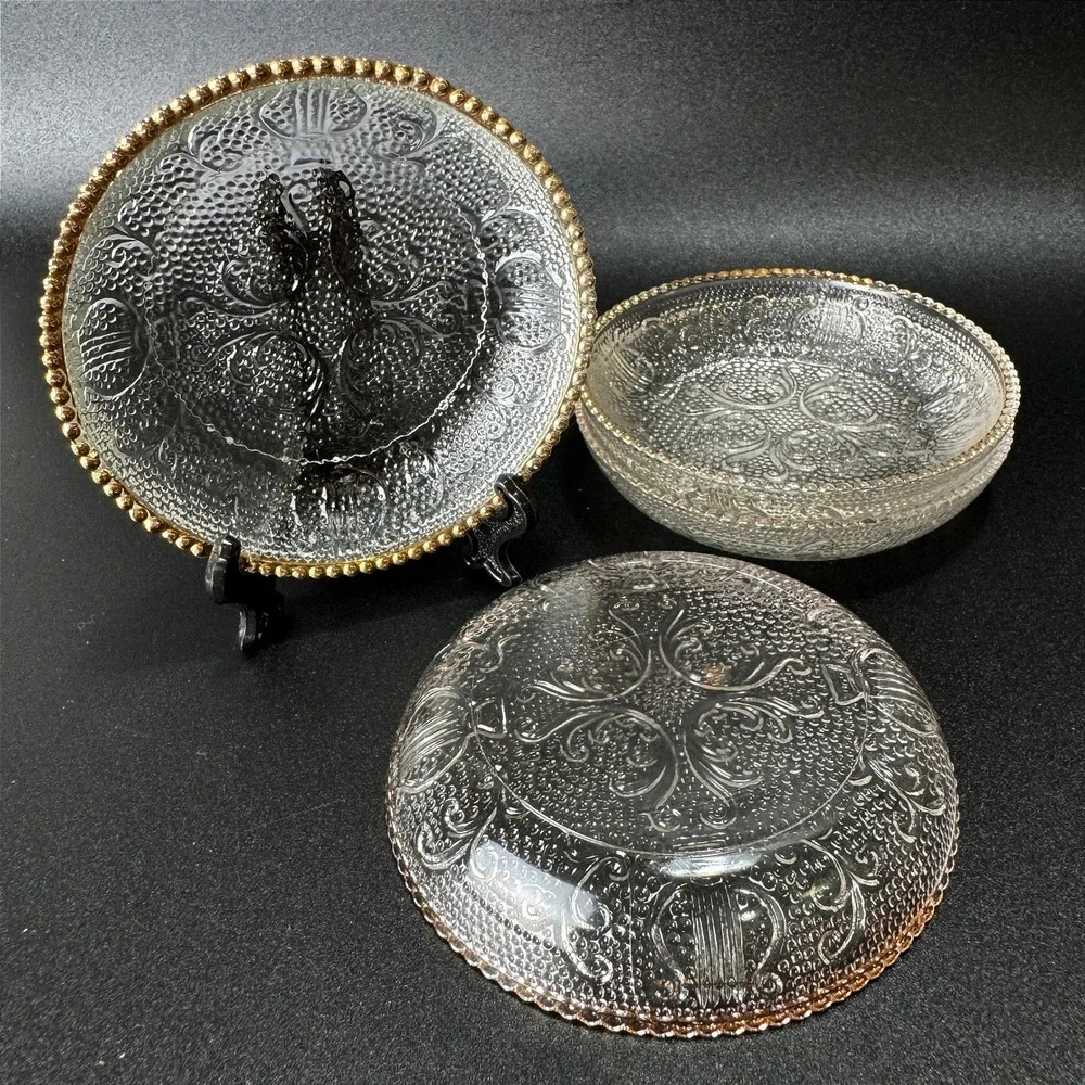 Vintage Jeannette Glass Harp Coasters Butter Pat Condiment 4 Gold Trim 50's MCM